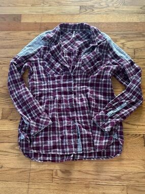 Free People Plaid Button-Up Shirt in Burgundy and White